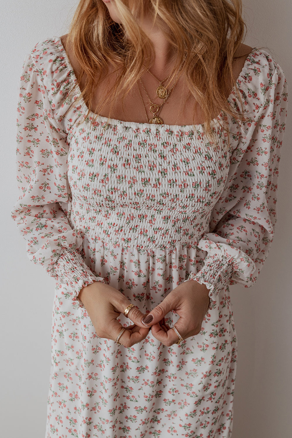 White Floral Print Shirred Ruffled Hem Square Neck Midi Dress - Awe Sweet Tees