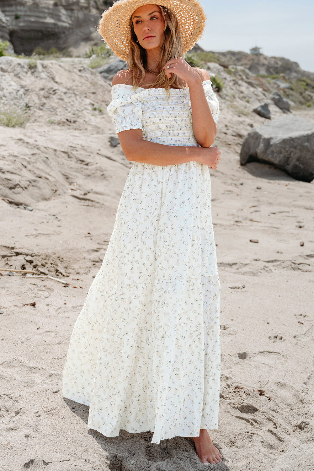 White Frilly Shirred Bodice Tiered Floral Maxi Dress - Awe Sweet Tees
