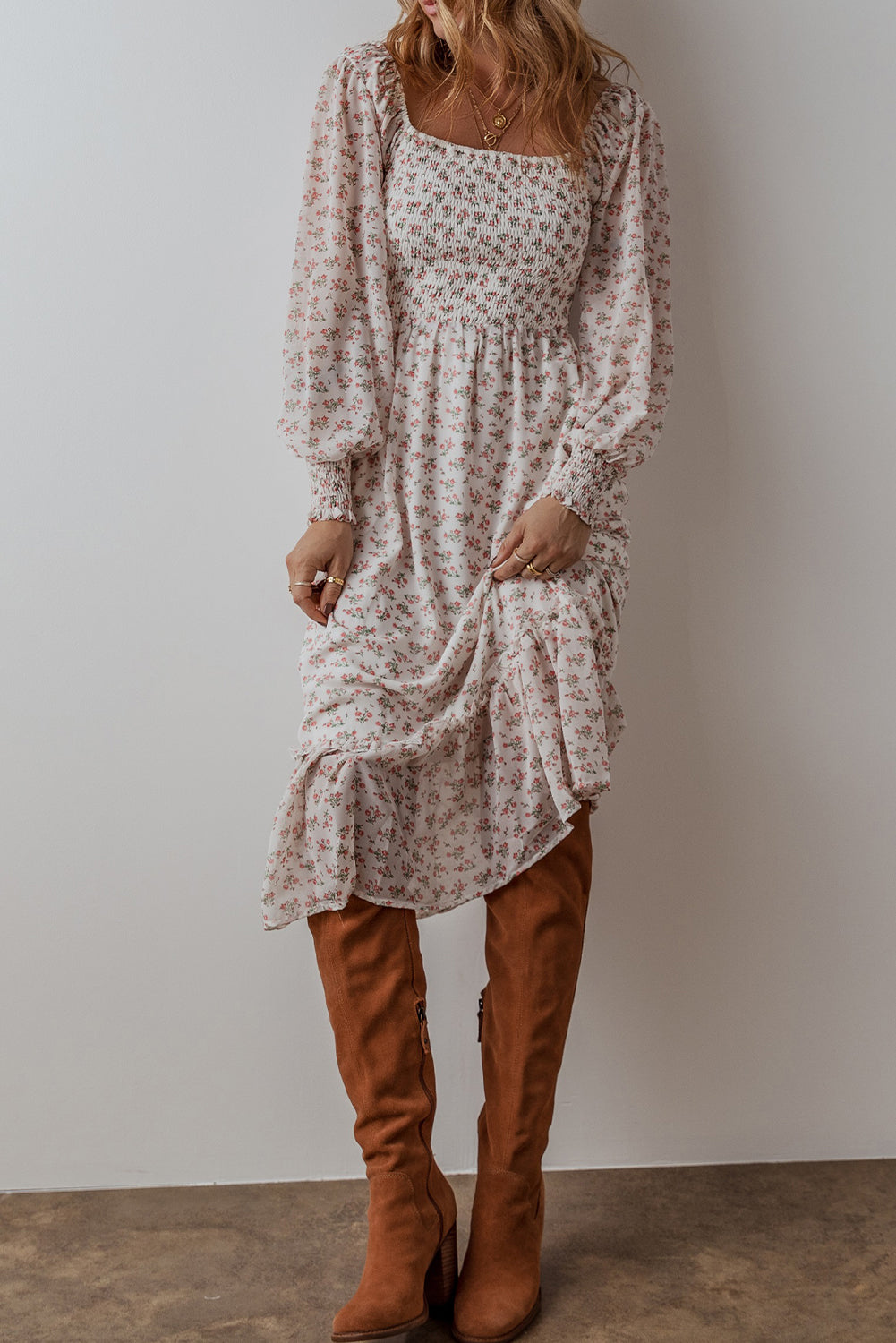 White Floral Print Shirred Ruffled Hem Square Neck Midi Dress - Awe Sweet Tees