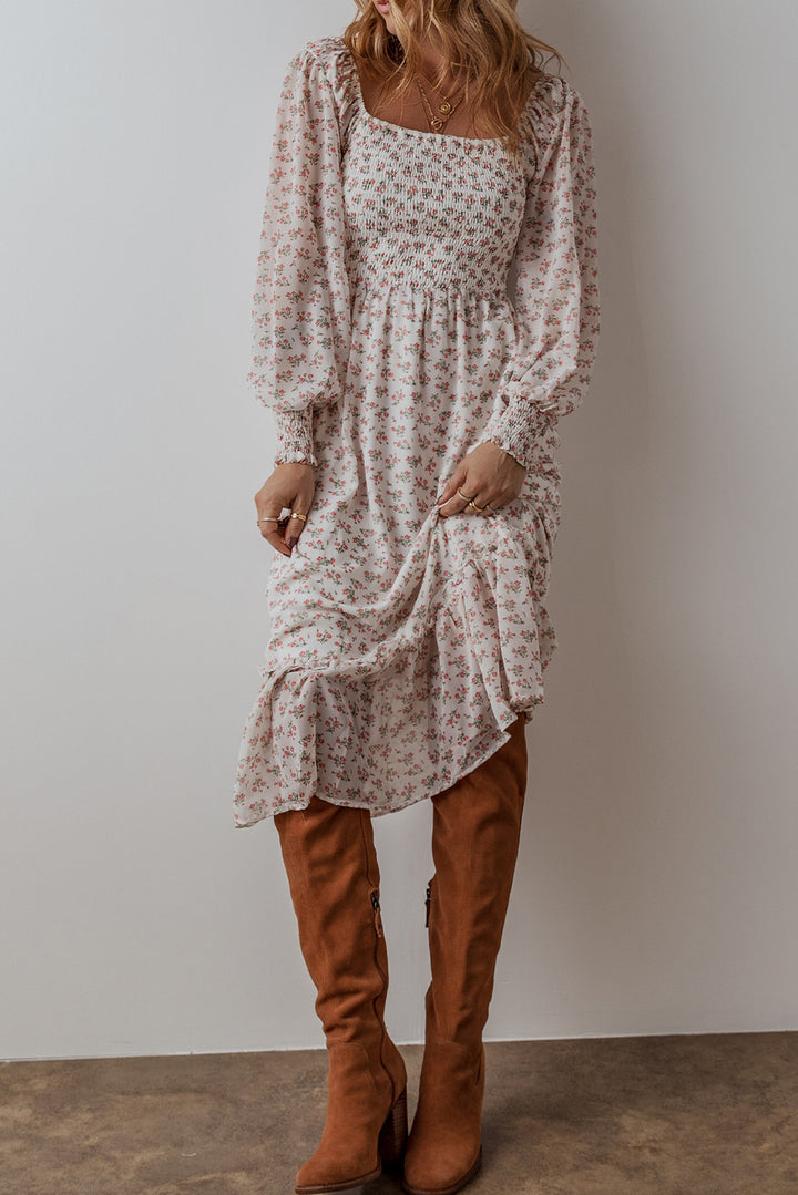 White Floral Print Shirred Ruffled Hem Square Neck Midi Dress - Awe Sweet Tees