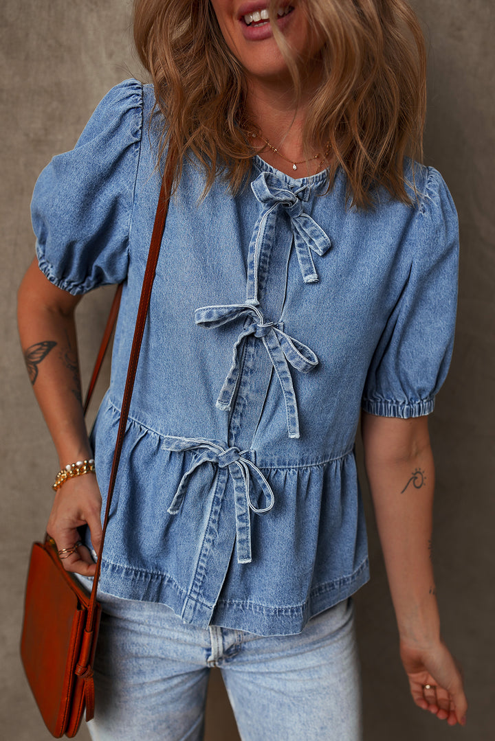 Dusk Blue Tied Front Bubble Sleeve Peplum Denim Shirt - Awe Sweet Tees