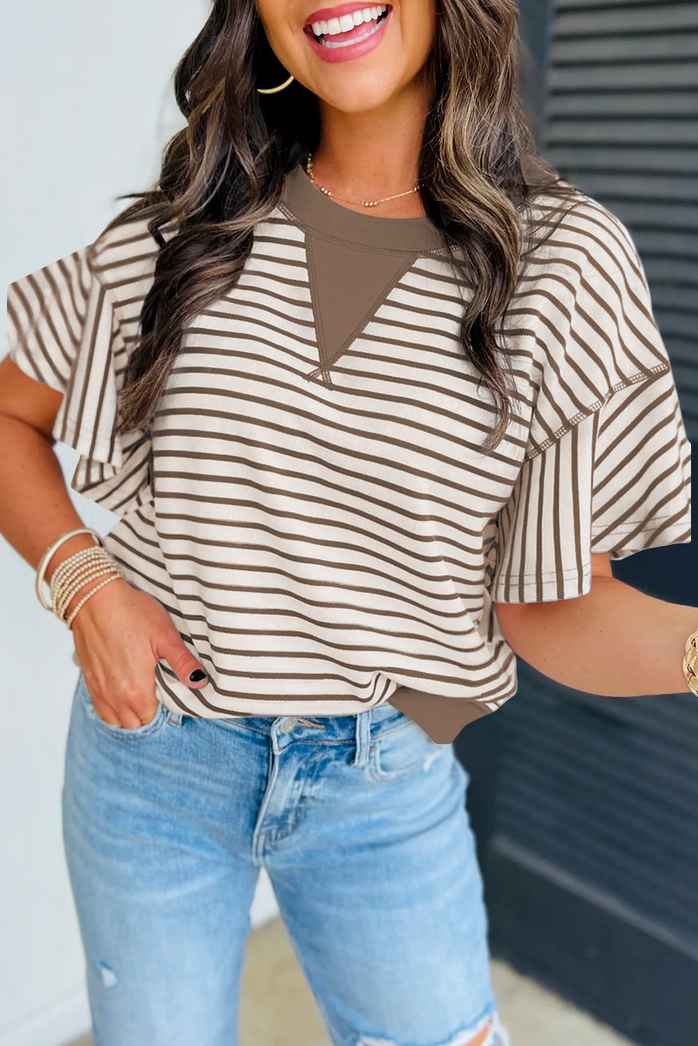 Parchment Contrast Detail Striped Ruffle Short Sleeve Top - Awe Sweet Tees