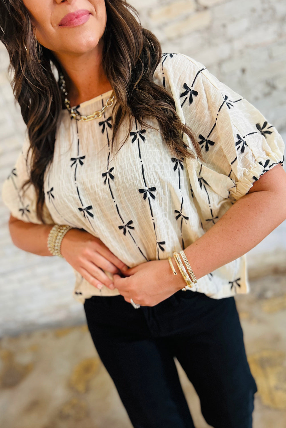 Beige Bow Print Puff Short Sleeve Top - Awe Sweet Tees