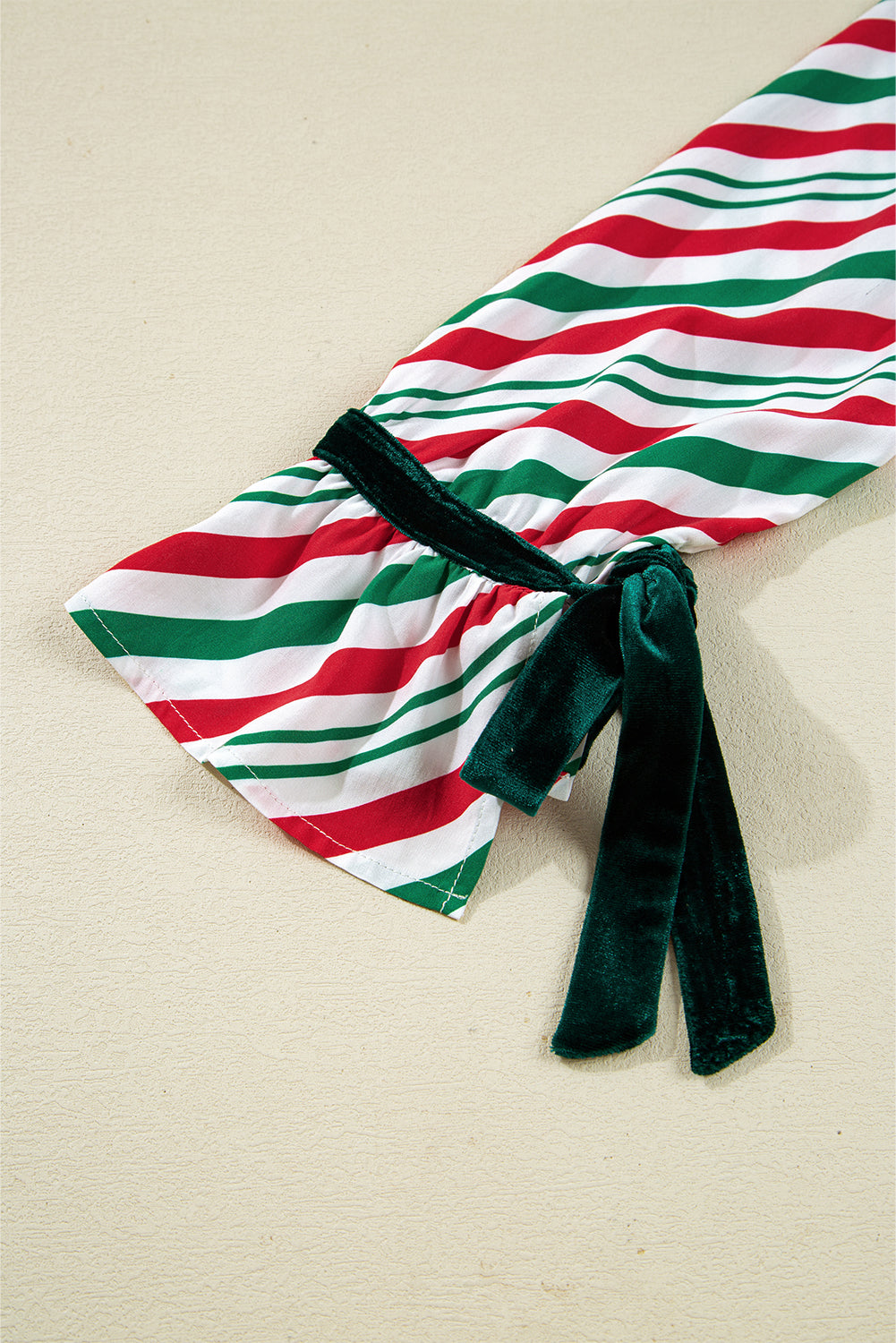 Green Striped Piping Trim Velvet Ribbon Knot Christmas Pajama Set