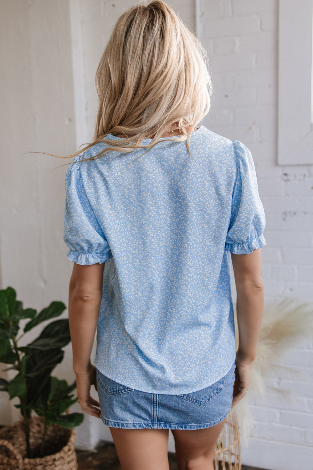 Sky Blue Floral Embroidered Puff Sleeve Notched V Neck Blouse - Awe Sweet Tees