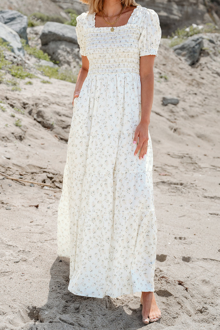 White Frilly Shirred Bodice Tiered Floral Maxi Dress - Awe Sweet Tees