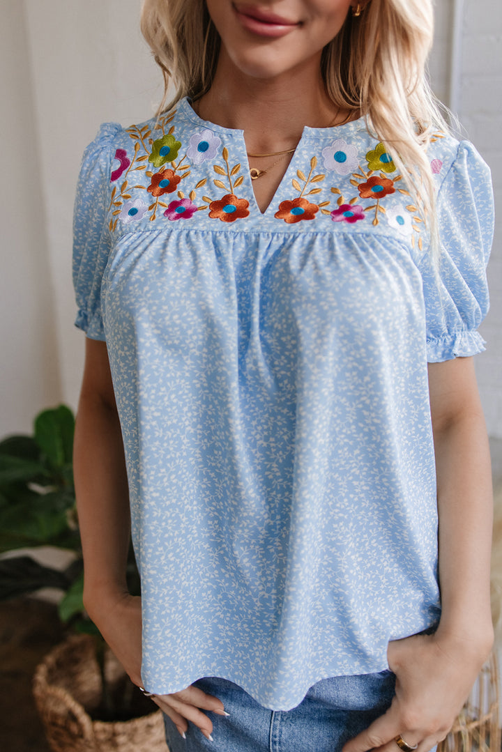Sky Blue Floral Embroidered Puff Sleeve Notched V Neck Blouse - Awe Sweet Tees