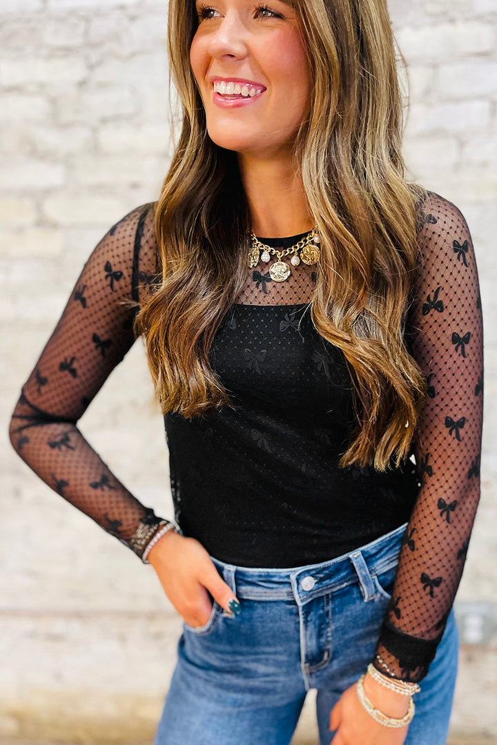 Black Bow Pattern Accent Mesh Long Sleeve Top - Awe Sweet Tees