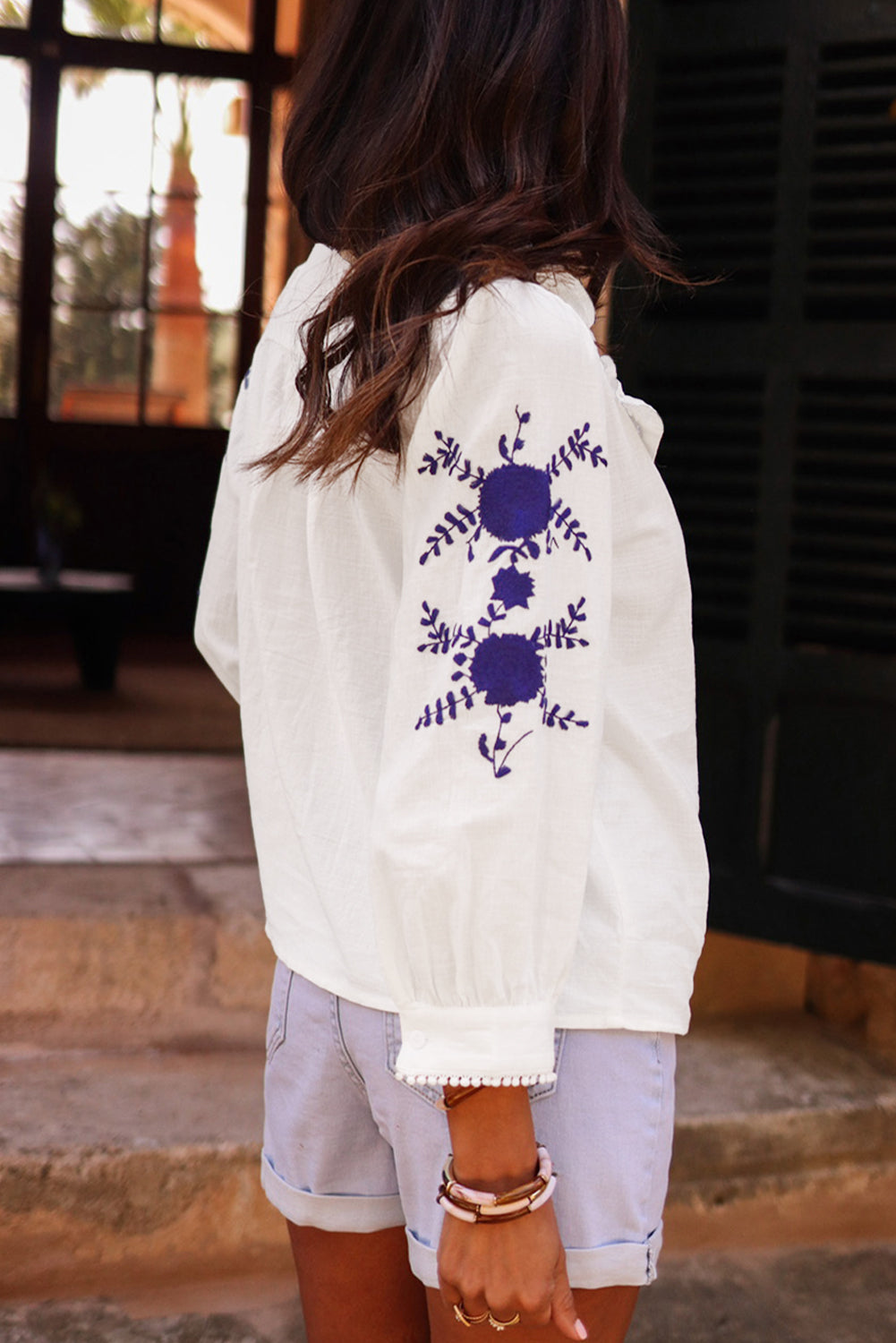 White Floral Embroidered Bracelet Sleeve Shirt - Awe Sweet Tees
