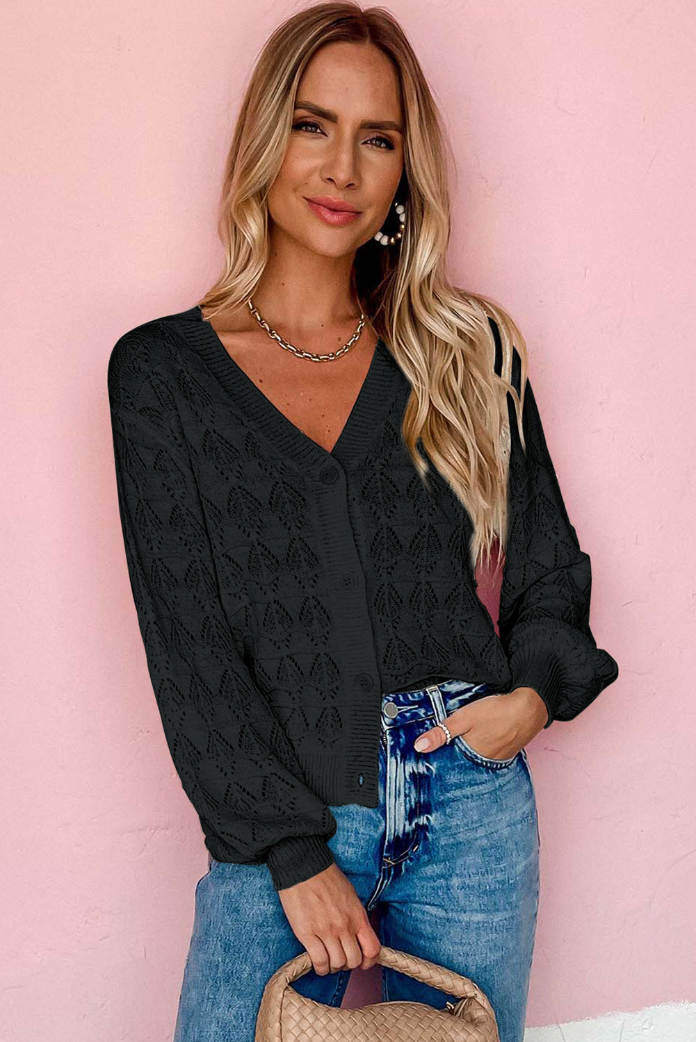 Blue Lightweight Buttoned Front Crochet Cardigan