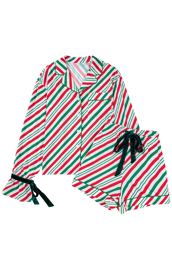 Green Striped Piping Trim Velvet Ribbon Knot Christmas Pajama Set
