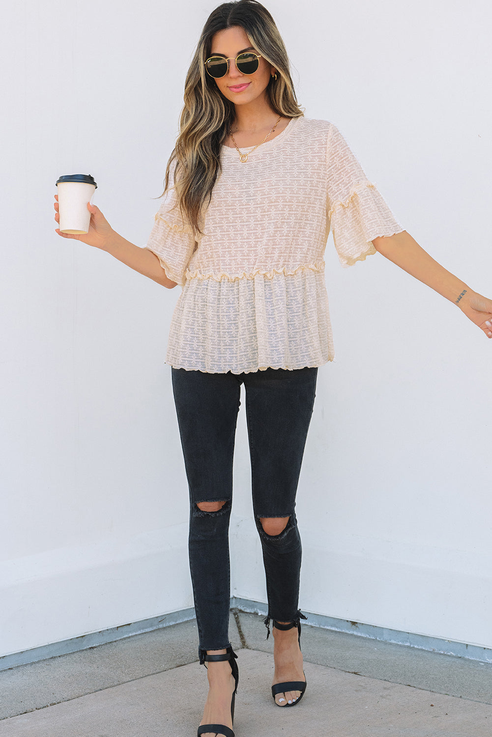 Beige Solid Color Textured Ruffled Short Sleeve Blouse - Awe Sweet Tees