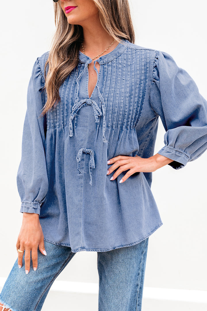 Myosotis Denim Front Pintuck Bow Tie Puff Sleeve Top - Awe Sweet Tees