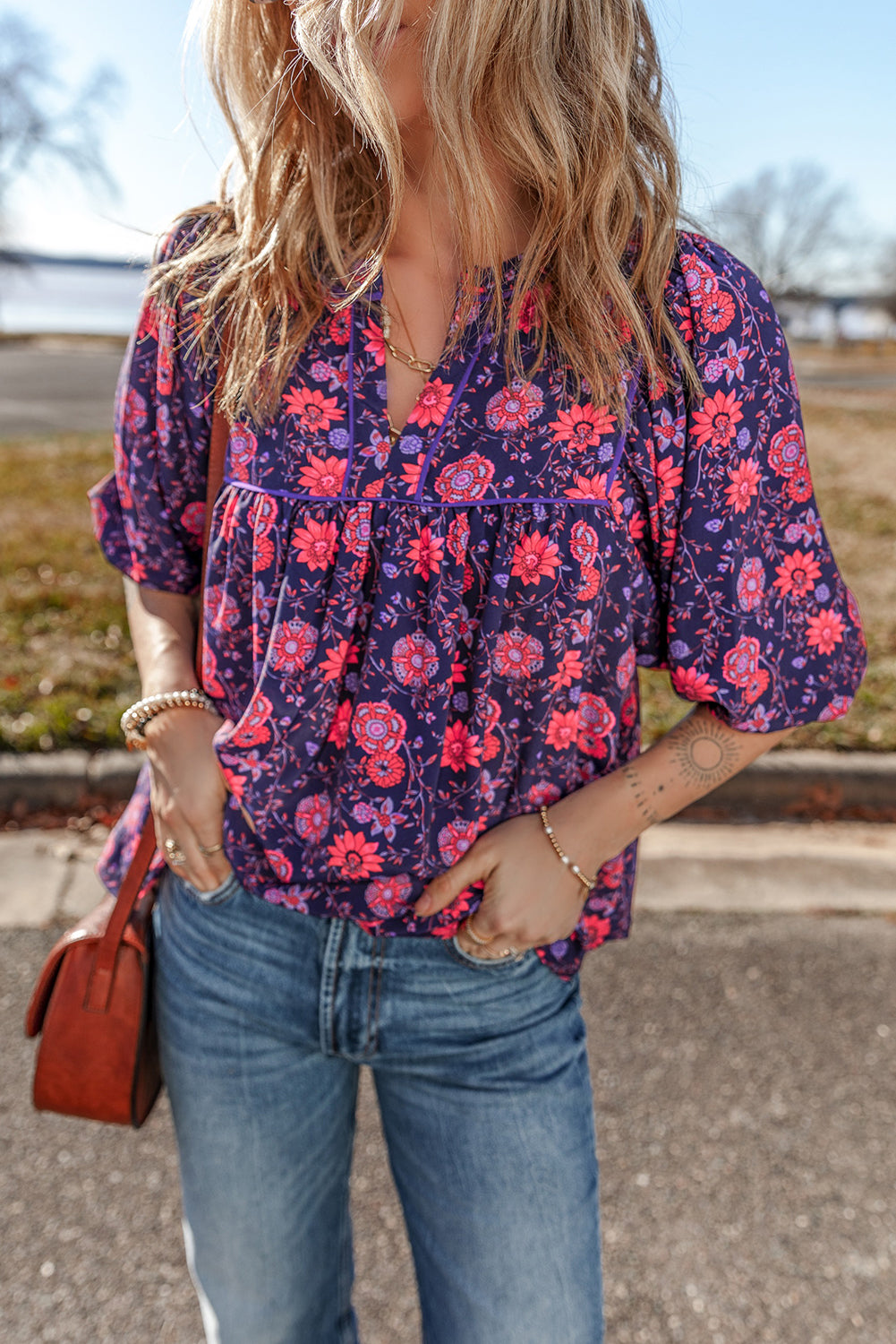 Purple Floral Half Sleeve Split Neck Blouse Top - Awe Sweet Tees