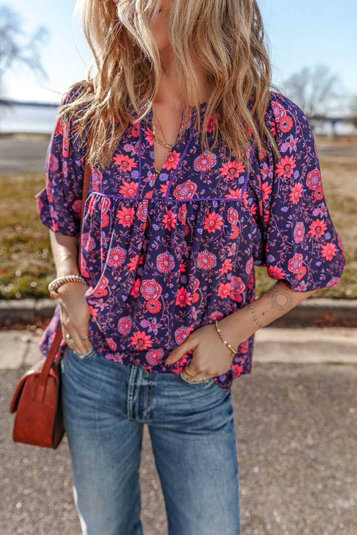 Purple Floral Half Sleeve Split Neck Blouse Top - Awe Sweet Tees