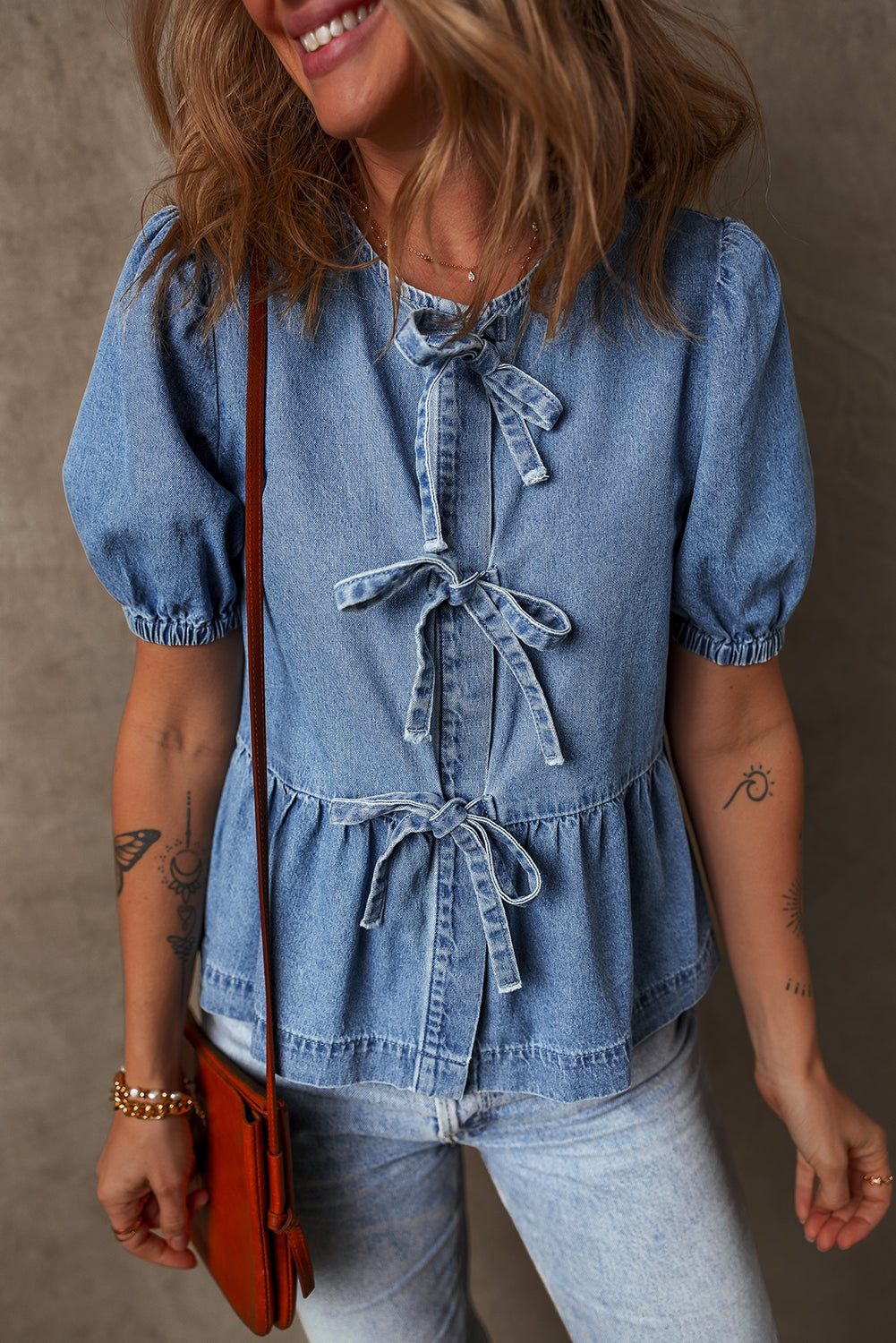 Dusk Blue Tied Front Bubble Sleeve Peplum Denim Shirt - Awe Sweet Tees