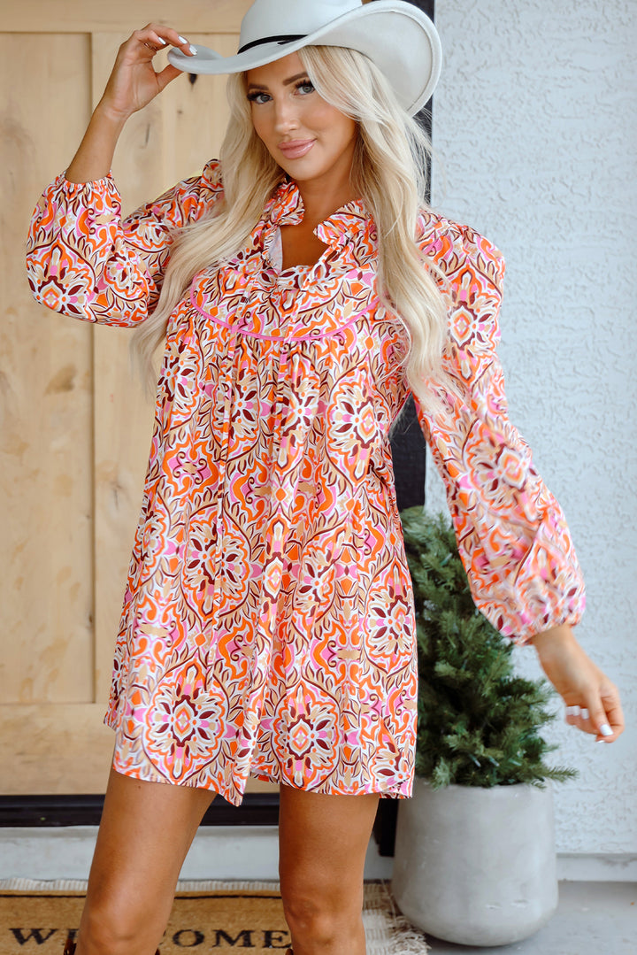 Khaki Abstract Printed Long Sleeve Tied Neckline Mini Dress - Awe Sweet Tees