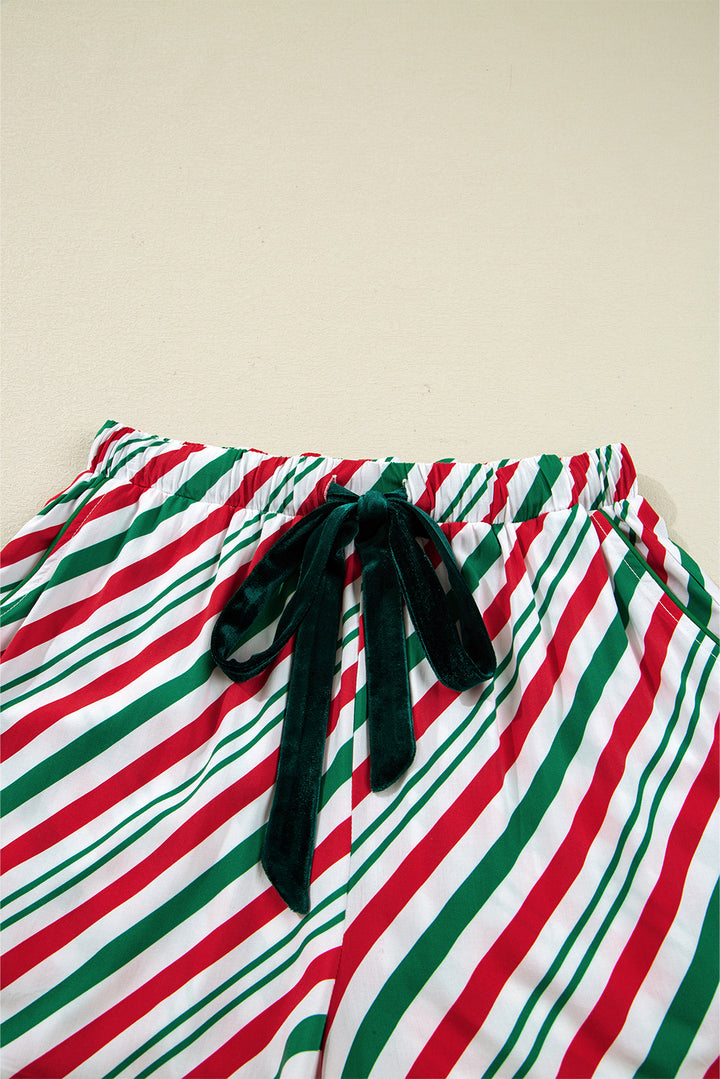 Green Striped Piping Trim Velvet Ribbon Knot Christmas Pajama Set