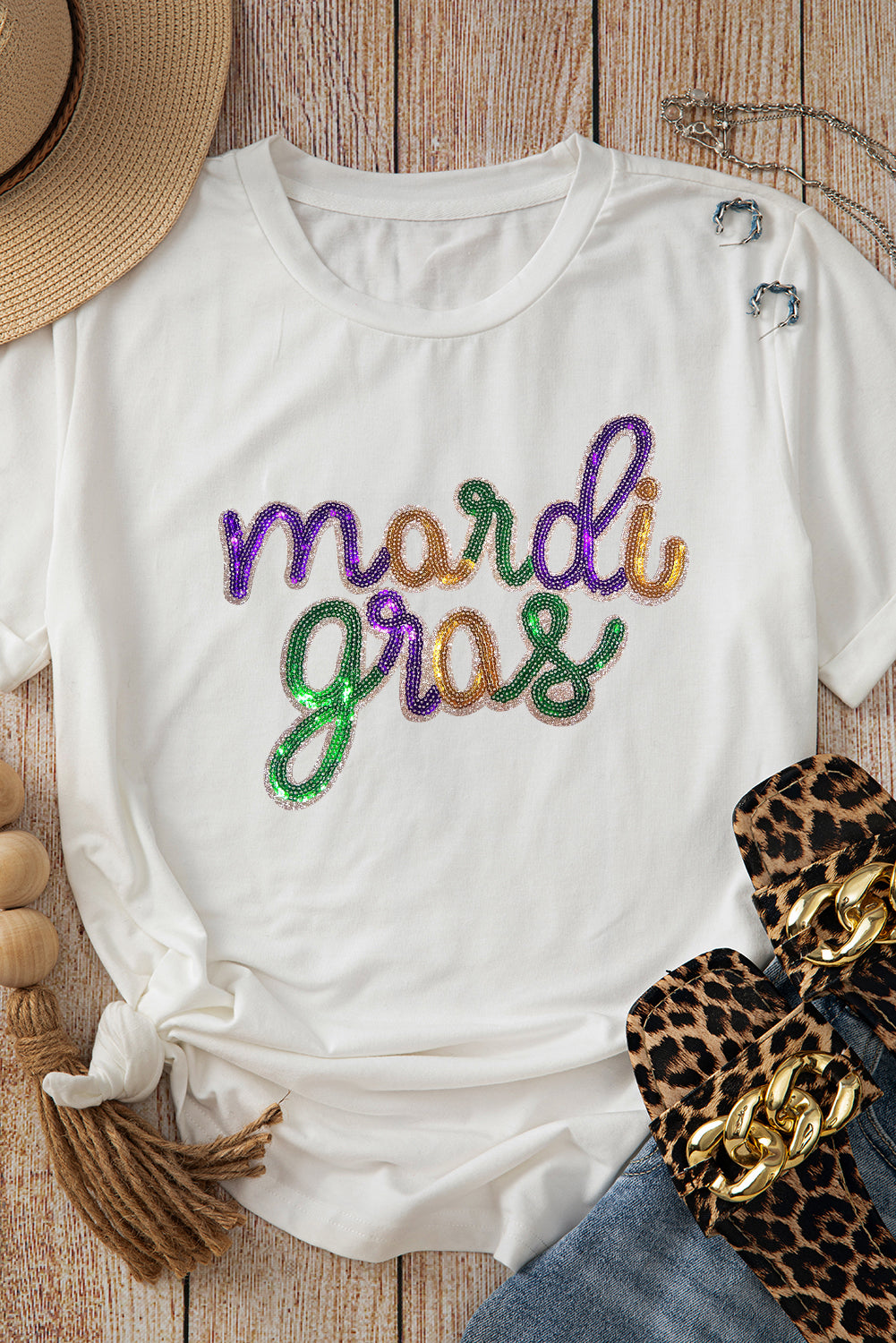 White Sequin mardi gras Graphic T Shirt - Awe Sweet Tees
