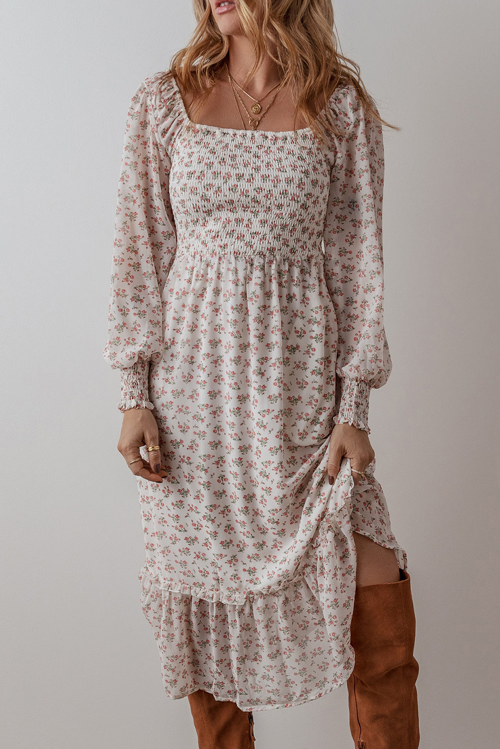 White Floral Print Shirred Ruffled Hem Square Neck Midi Dress - Awe Sweet Tees
