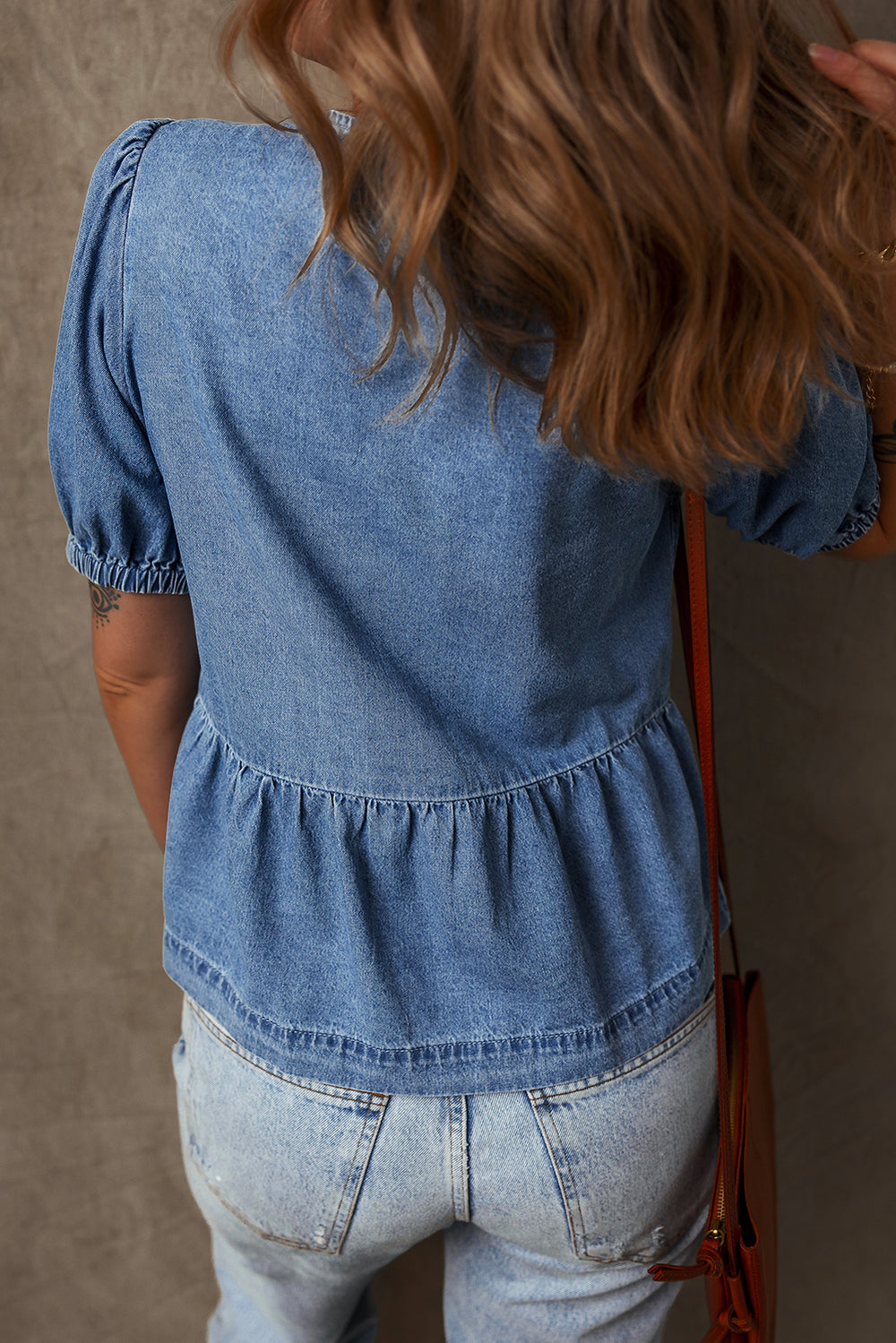 Dusk Blue Tied Front Bubble Sleeve Peplum Denim Shirt - Awe Sweet Tees