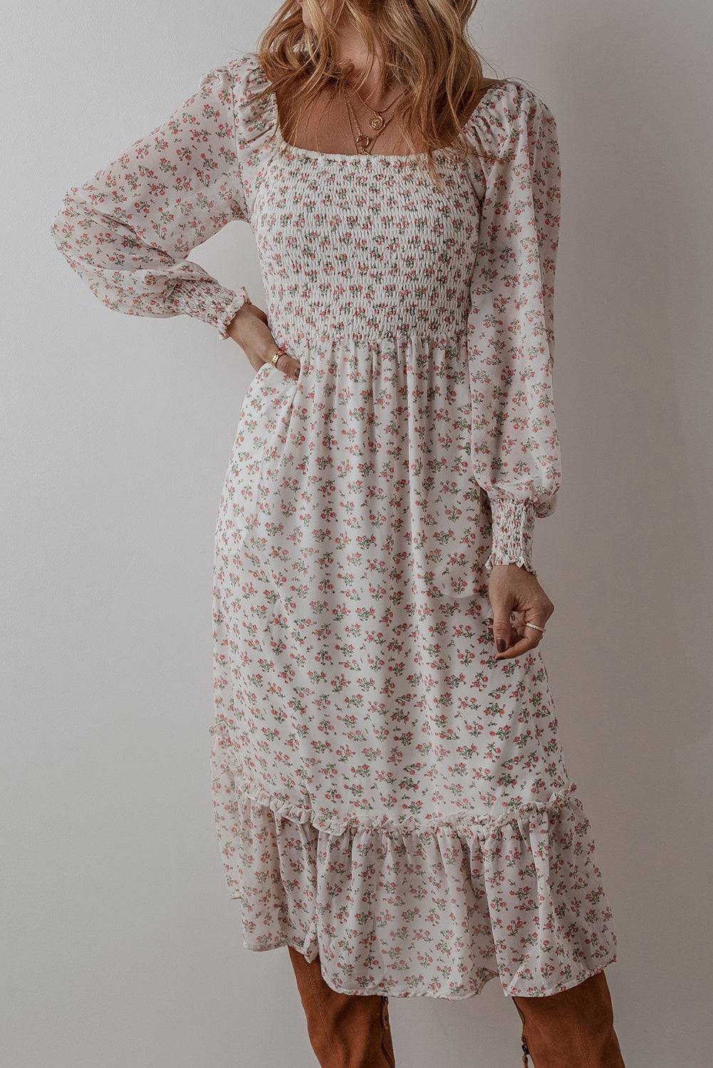 White Floral Print Shirred Ruffled Hem Square Neck Midi Dress - Awe Sweet Tees