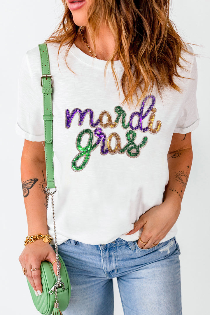 White Sequin mardi gras Graphic T Shirt - Awe Sweet Tees
