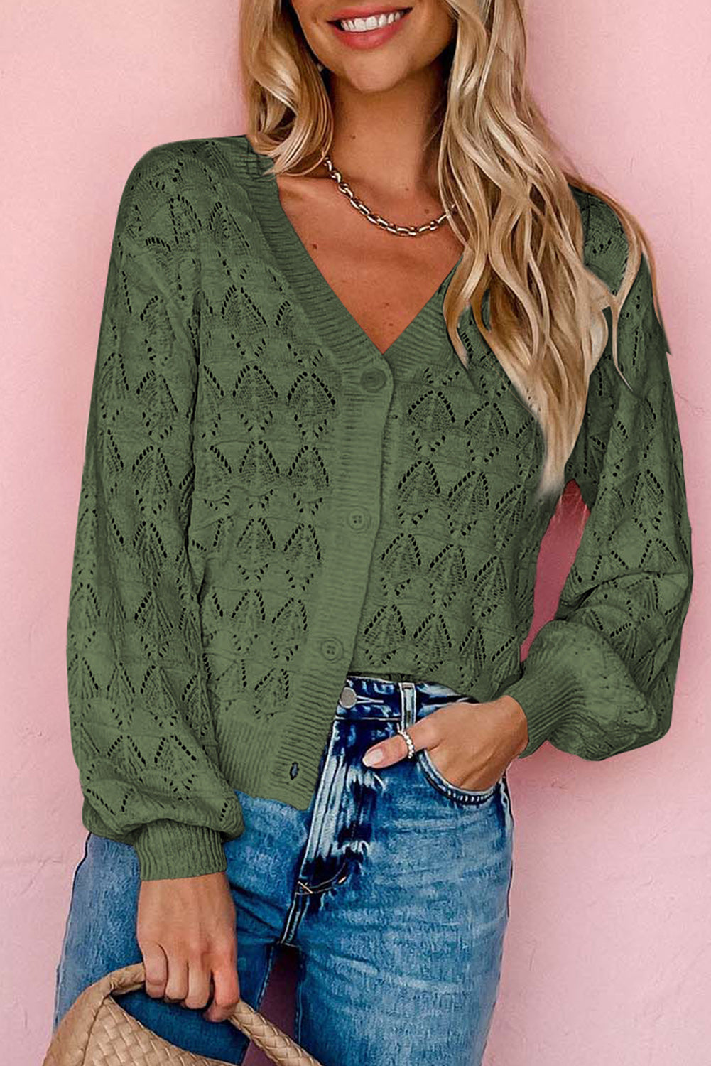 Blue Lightweight Buttoned Front Crochet Cardigan