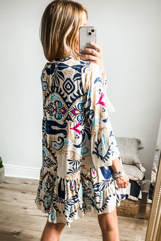 White Printed Tribal Bracelet Sleeve Buttoned Mini Dress - Awe Sweet Tees