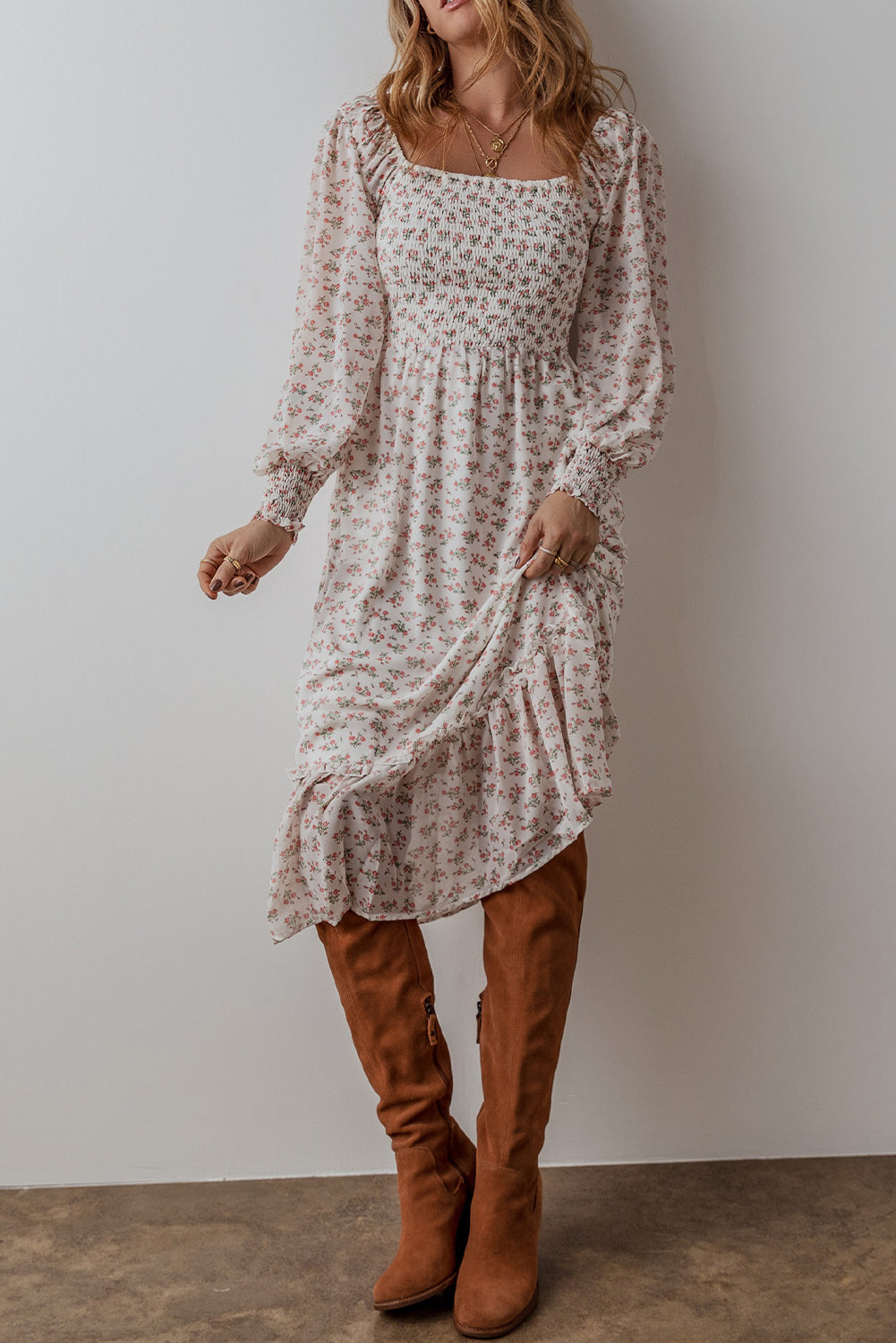 White Floral Print Shirred Ruffled Hem Square Neck Midi Dress - Awe Sweet Tees
