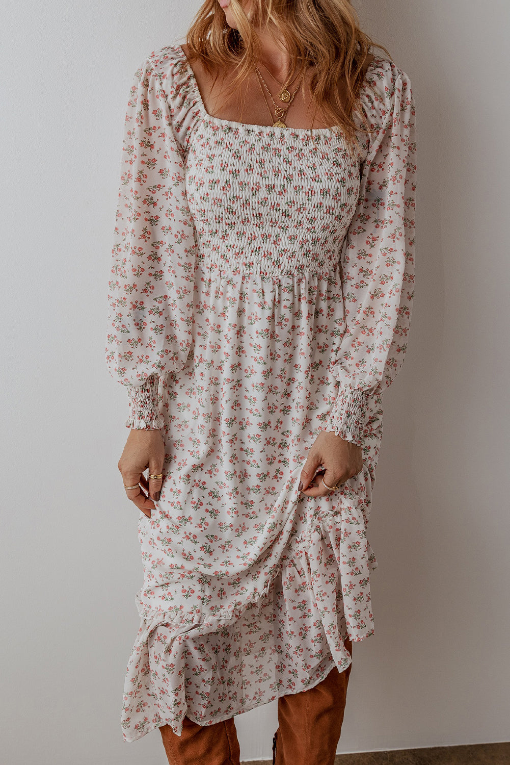 White Floral Print Shirred Ruffled Hem Square Neck Midi Dress - Awe Sweet Tees