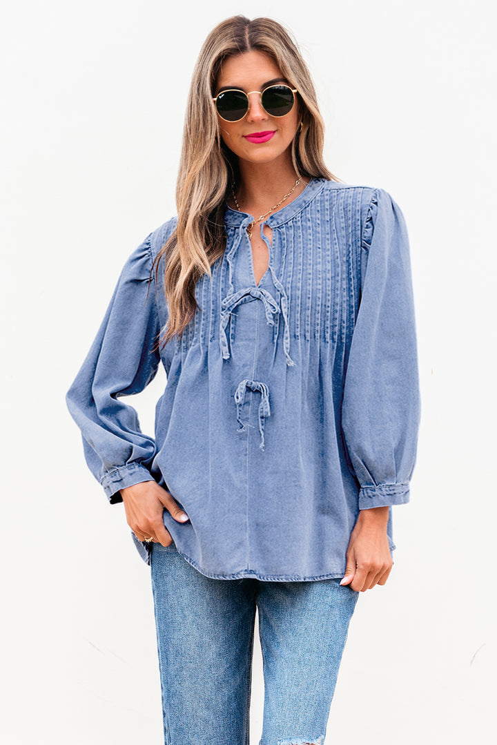 Myosotis Denim Front Pintuck Bow Tie Puff Sleeve Top - Awe Sweet Tees