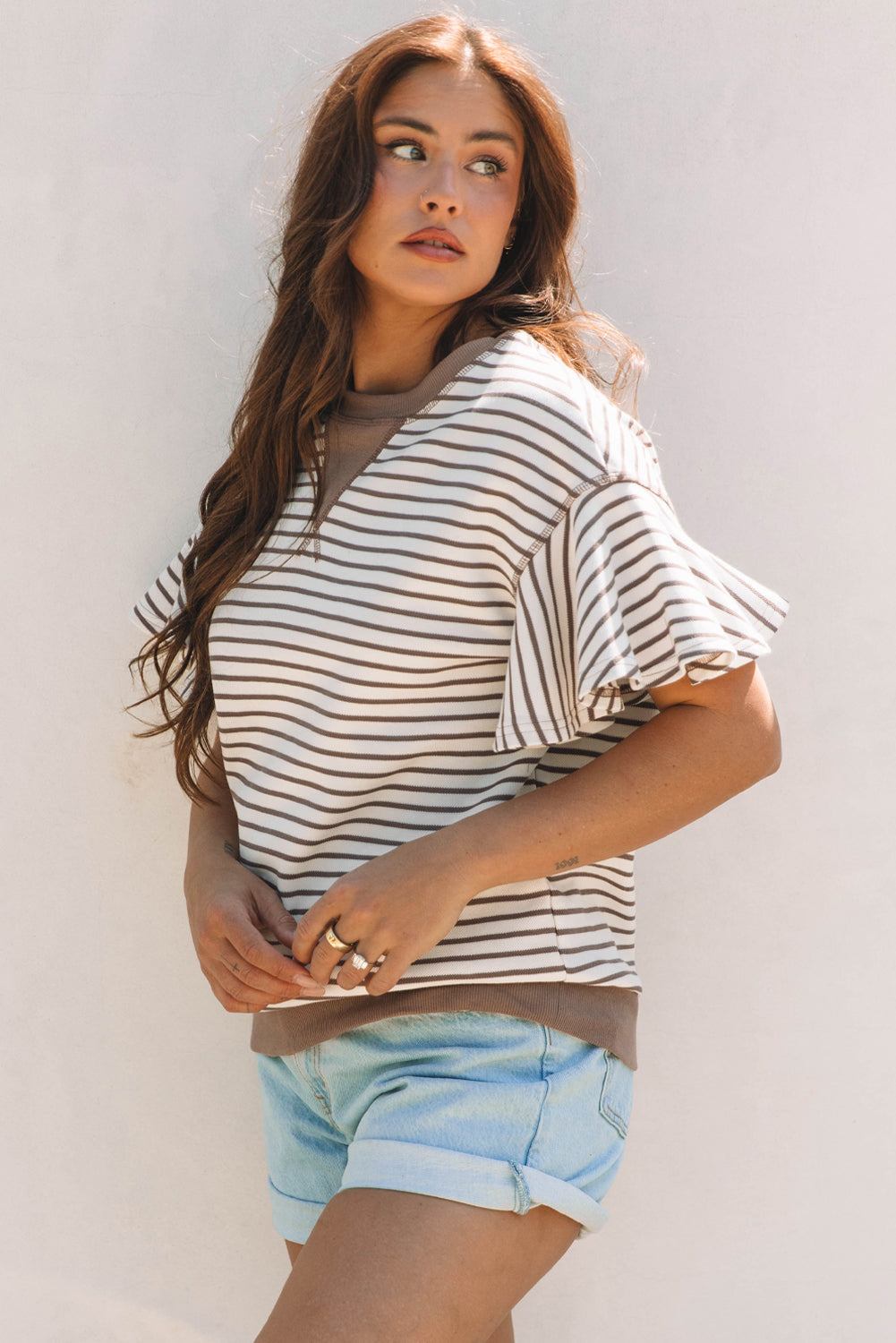 Parchment Contrast Detail Striped Ruffle Short Sleeve Top - Awe Sweet Tees