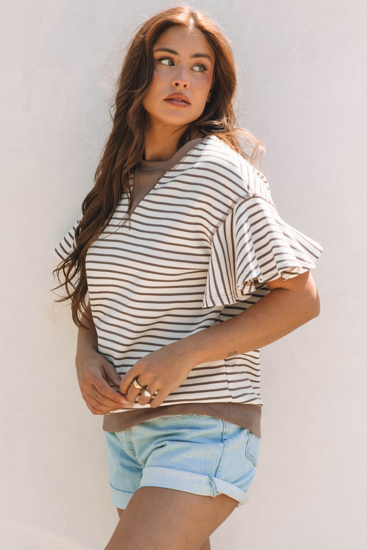 Parchment Contrast Detail Striped Ruffle Short Sleeve Top - Awe Sweet Tees