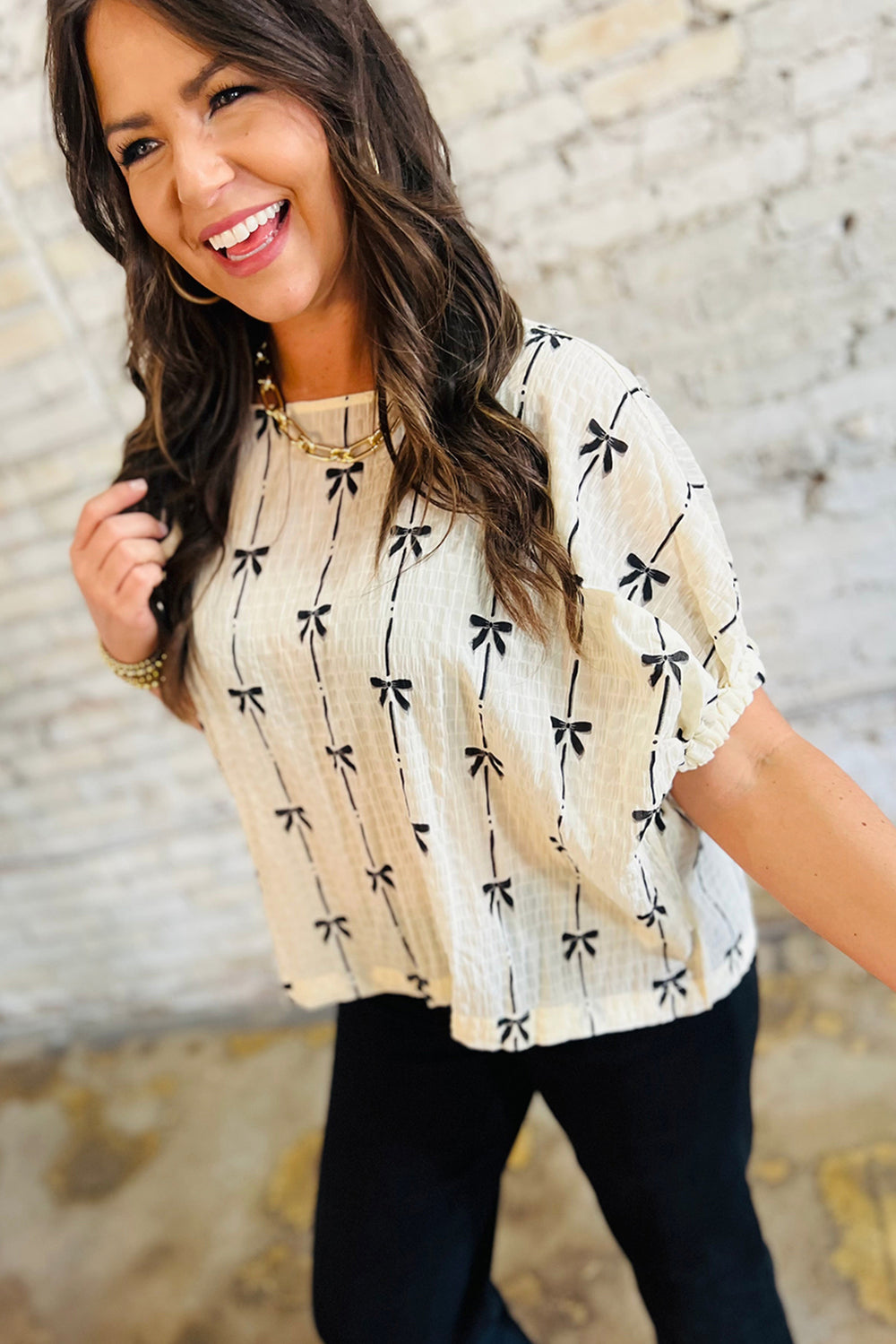 Beige Bow Print Puff Short Sleeve Top - Awe Sweet Tees