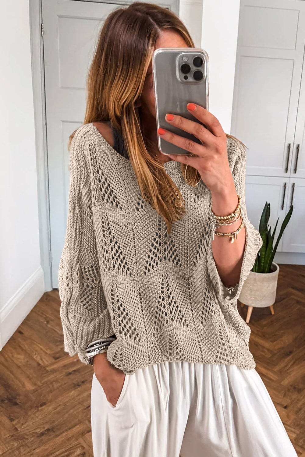 Seagrass Hollow Out Knit 3/4 Sleeve Loose Sweater