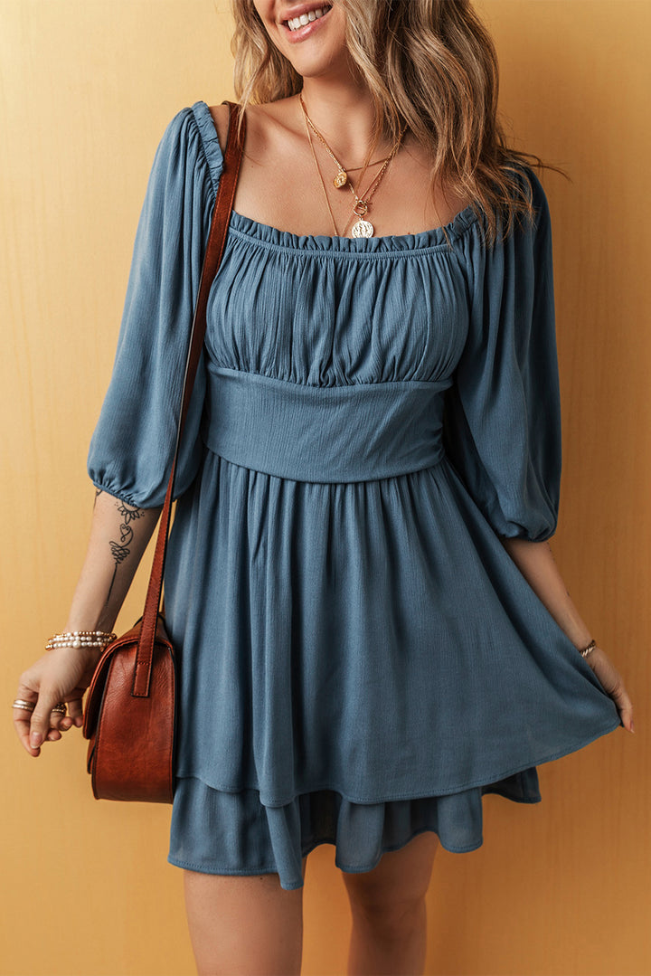 Real Teal Frilled Neckline 3/4 Sleeve Layered Ruched Mini Dress - Awe Sweet Tees