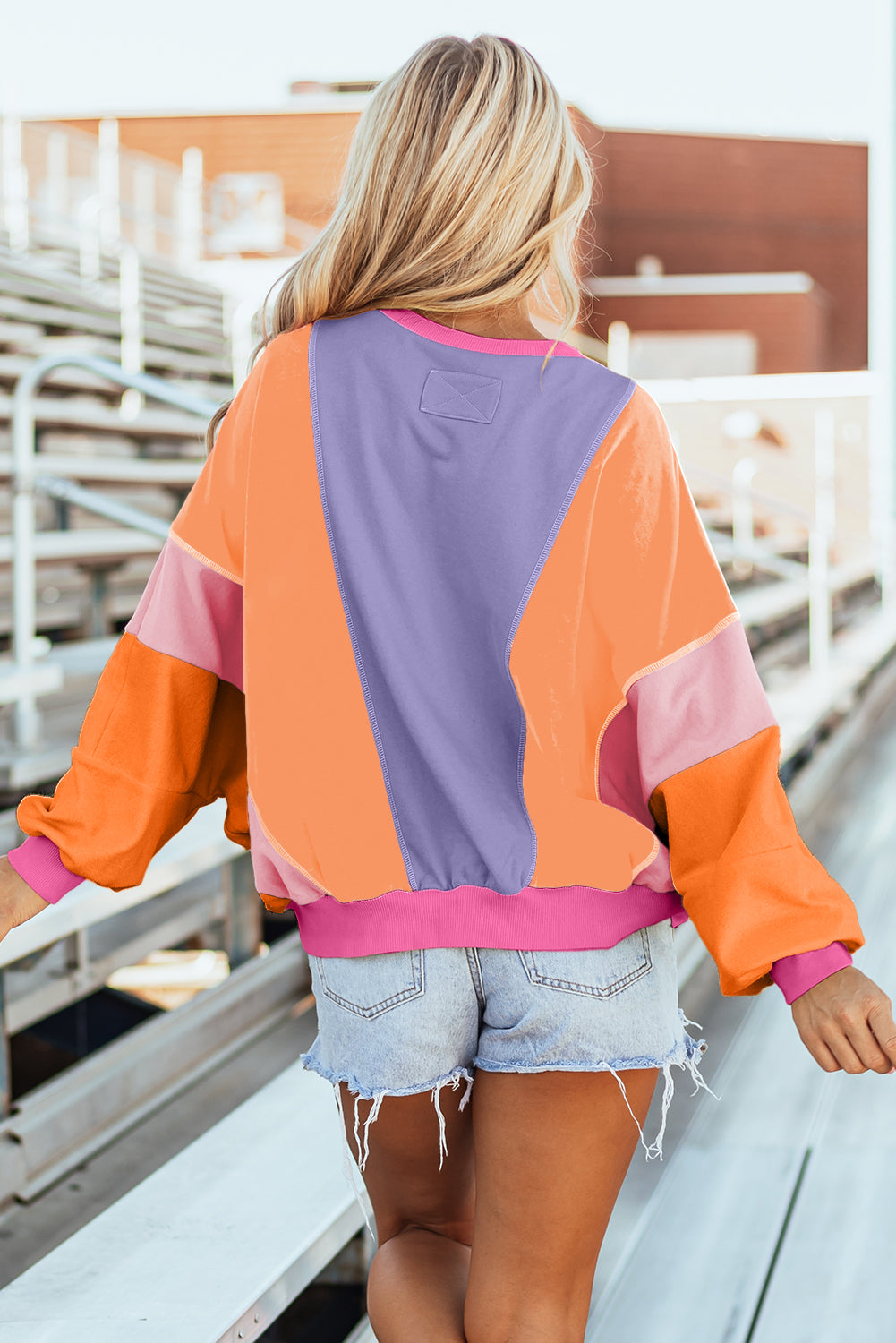 Orchid Petal Colorblock Patchwork Exposed Stitching Oversize Top - Awe Sweet Tees