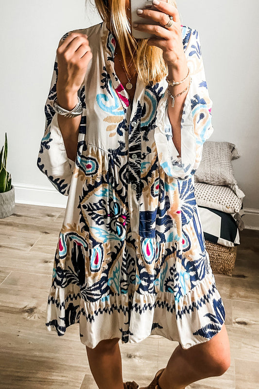 White Printed Tribal Bracelet Sleeve Buttoned Mini Dress - Awe Sweet Tees
