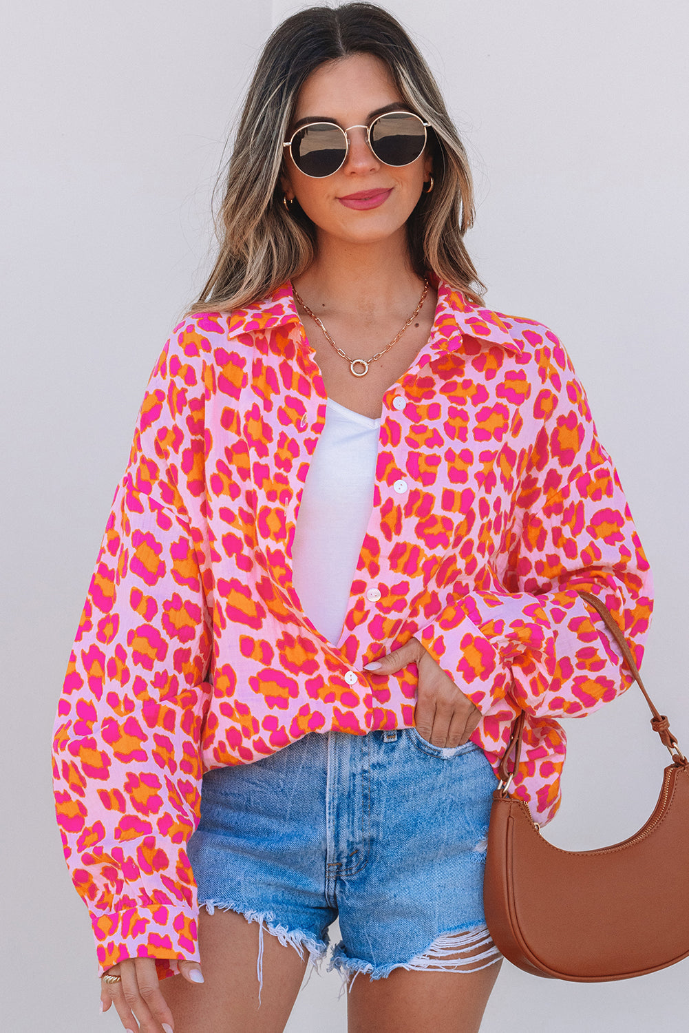 Rose Leopard Printed Button Up Loose Shirt - Awe Sweet Tees