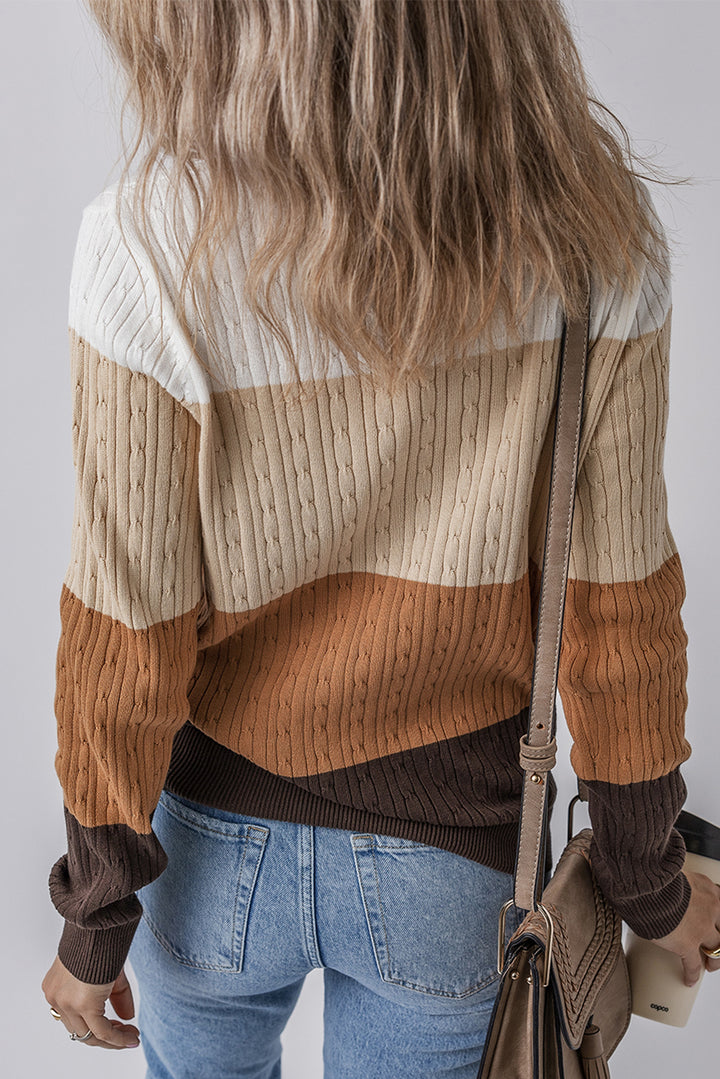 Khaki Colorblock Cable Knit Round Neck Sweater