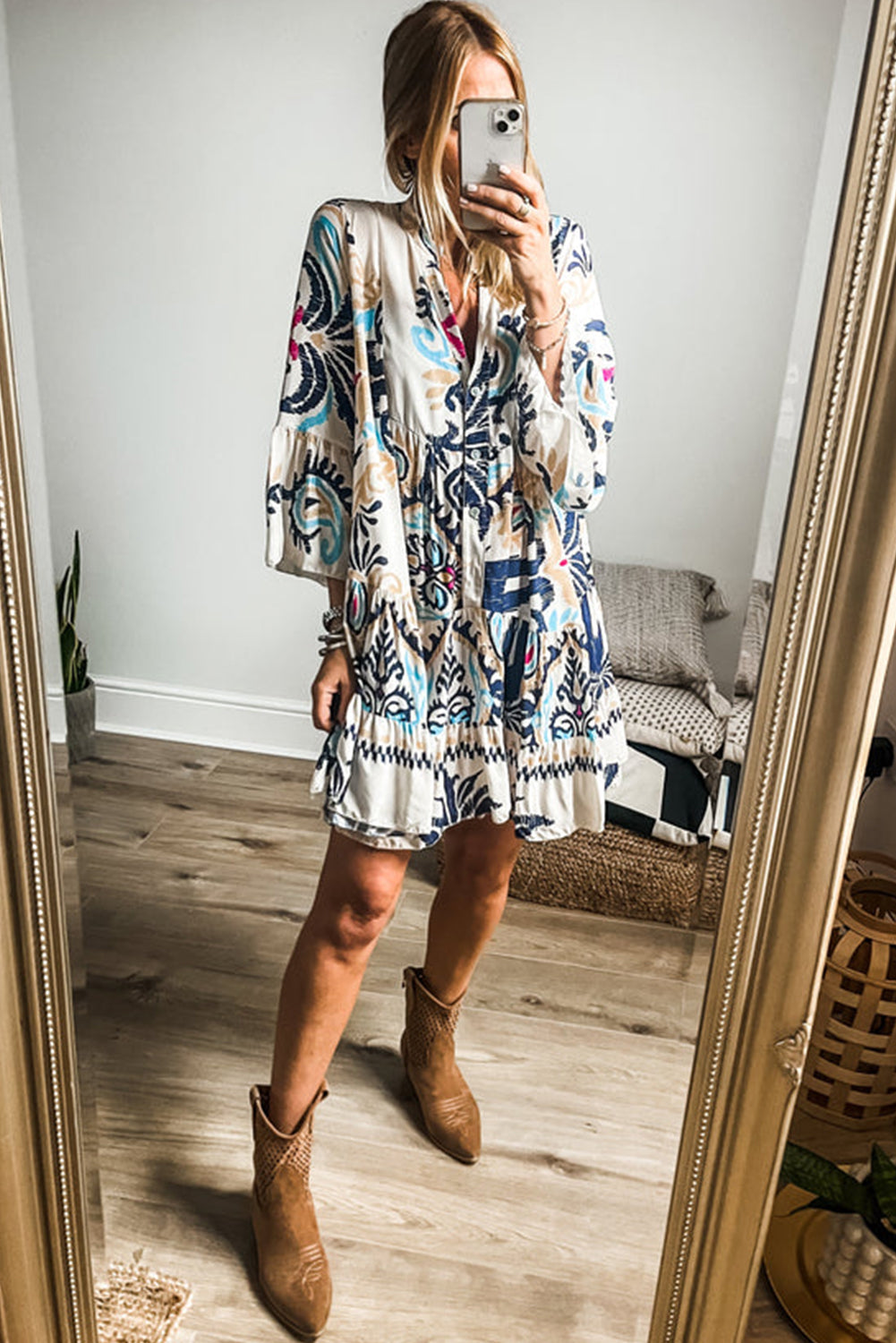 White Printed Tribal Bracelet Sleeve Buttoned Mini Dress - Awe Sweet Tees