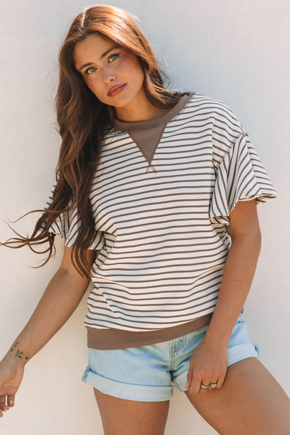 Parchment Contrast Detail Striped Ruffle Short Sleeve Top - Awe Sweet Tees