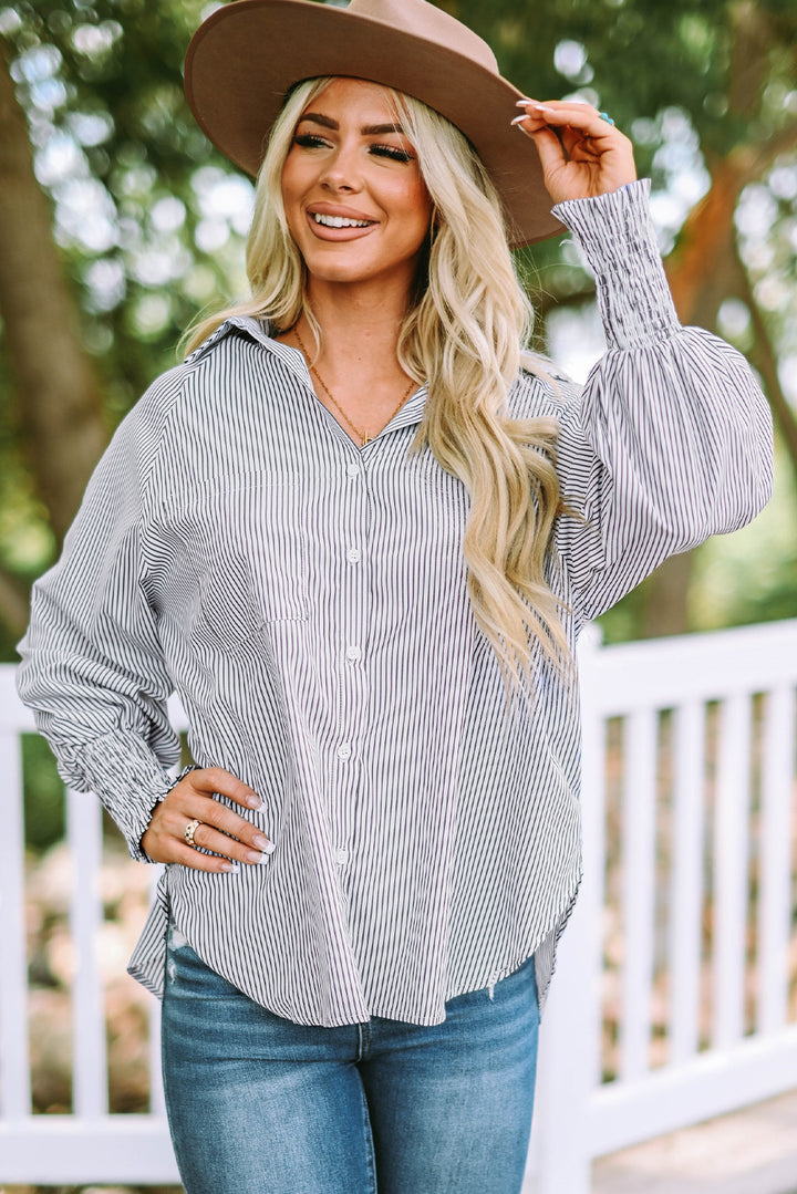 Smocked Cuffed Striped Boyfriend Shirt with Pocket - Awe Sweet Tees
