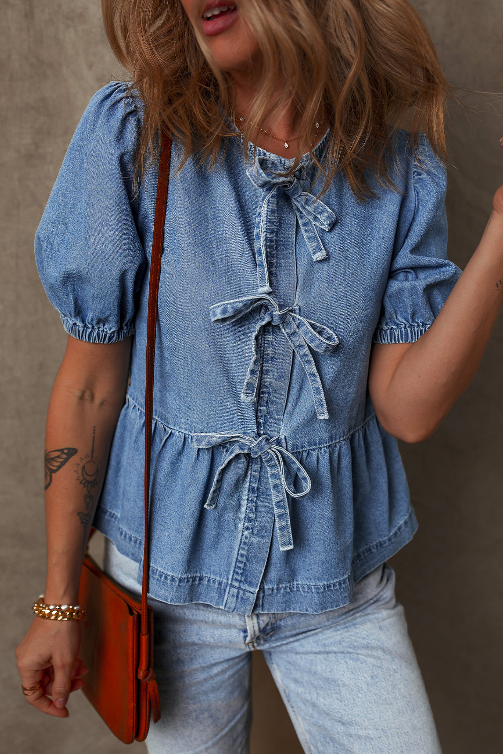 Dusk Blue Tied Front Bubble Sleeve Peplum Denim Shirt - Awe Sweet Tees