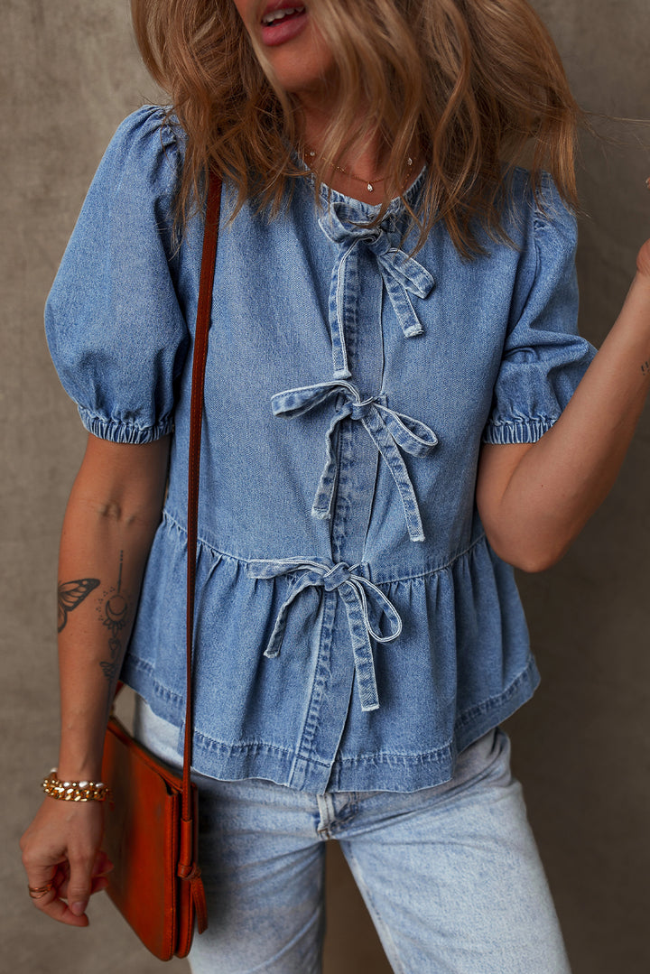 Dusk Blue Tied Front Bubble Sleeve Peplum Denim Shirt - Awe Sweet Tees