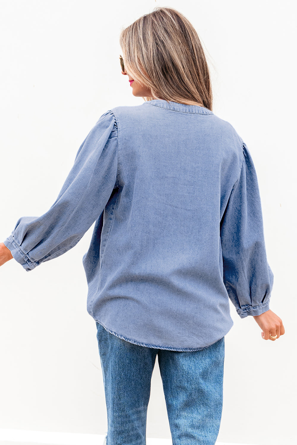 Myosotis Denim Front Pintuck Bow Tie Puff Sleeve Top - Awe Sweet Tees