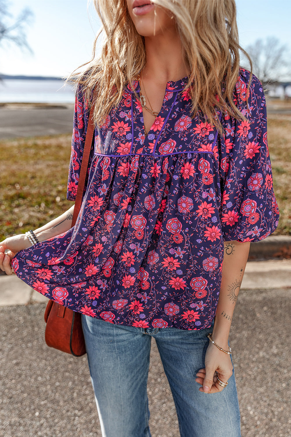 Purple Floral Half Sleeve Split Neck Blouse Top - Awe Sweet Tees