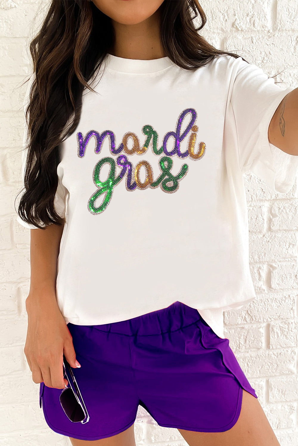 White Sequin mardi gras Graphic T Shirt - Awe Sweet Tees