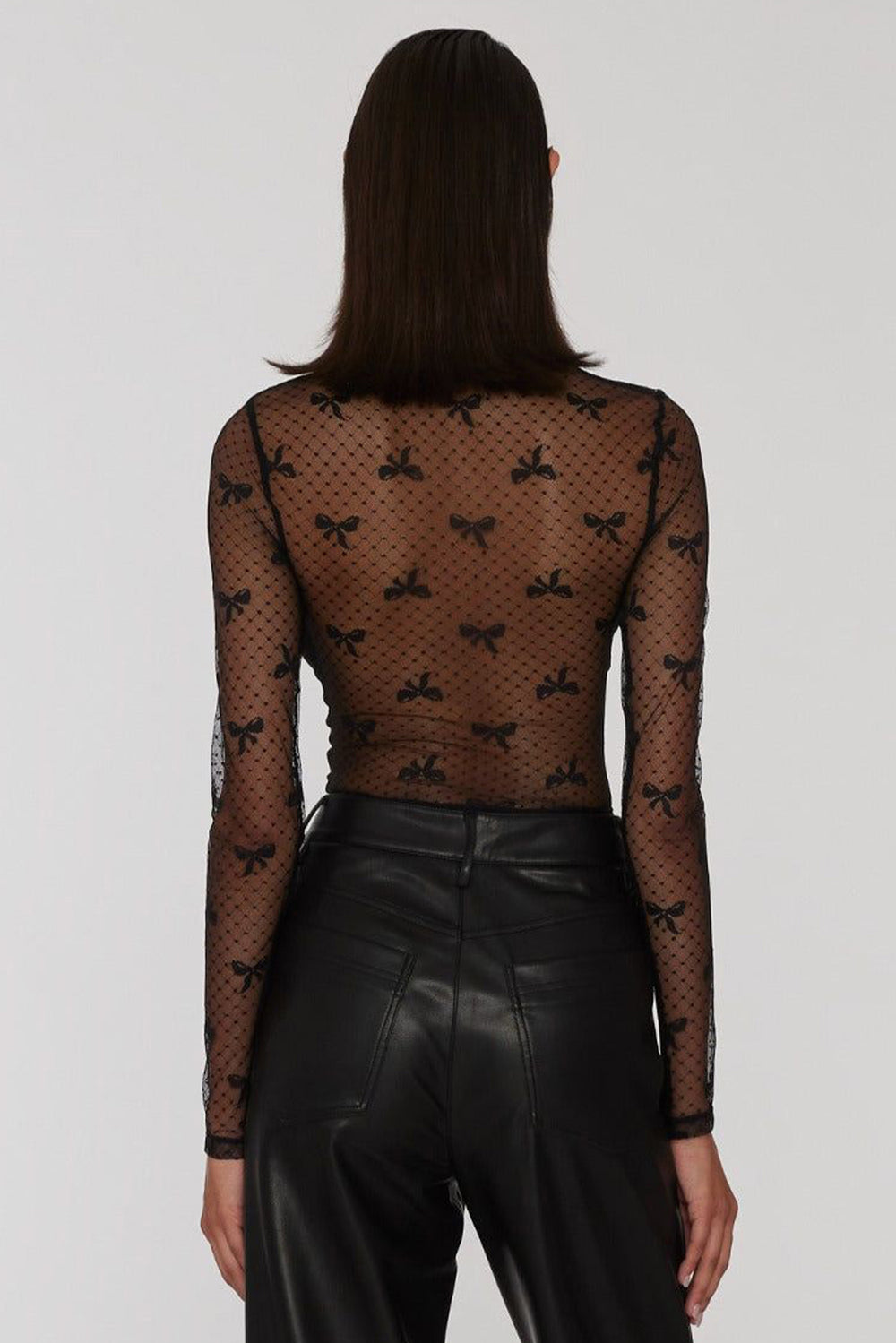 Black Bow Pattern Accent Mesh Long Sleeve Top - Awe Sweet Tees